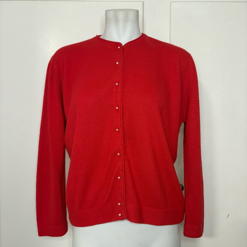 Vintage 70s A Bermuda Acrylic Red Cardigan Sweater Faux Pearl Buttons